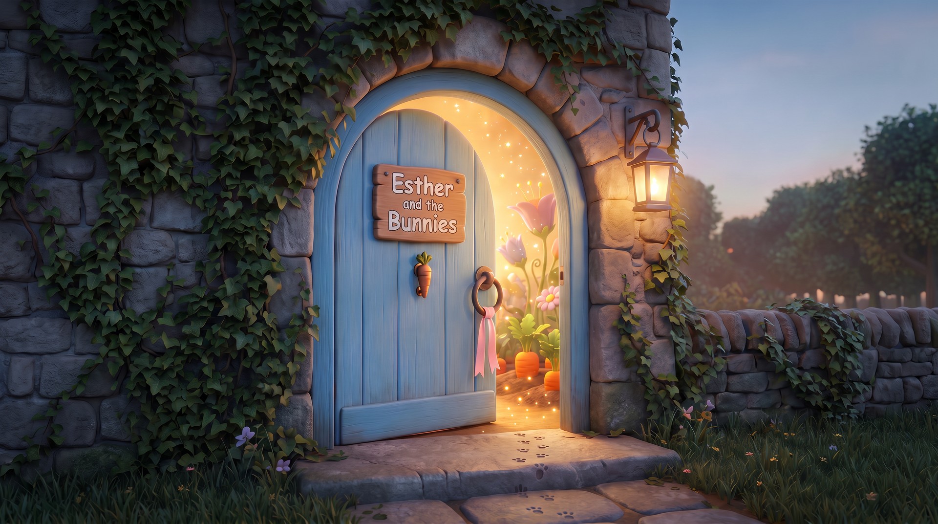 The round blue door to Esther's garden, standing open